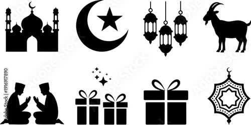 Islamic cultural symbols mosque crescent star lanterns goat praying people gifts and geometric ornament