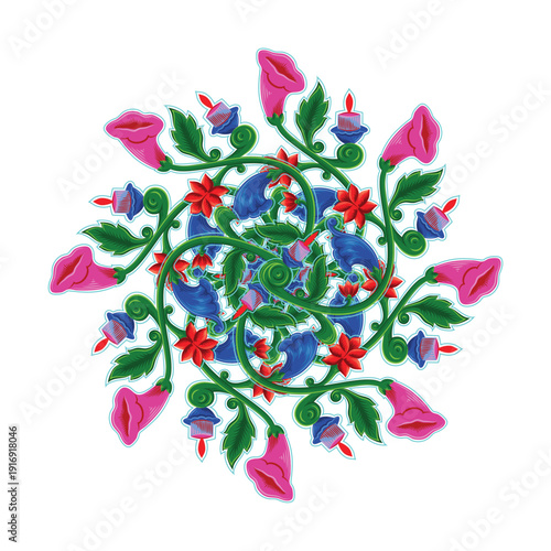 Traditional Bangladeshi rickshaw painting style mandala. Vibrant circular ornament with floral motifs, candles, and birds. Isolated cultural vector for ethnic branding and decor. Mandala Circular 