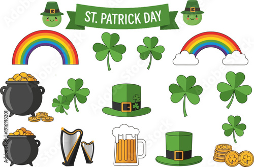 St patrick day set with rainbow, pot of gold, shamrock, hat, harp, beer, and gold coins