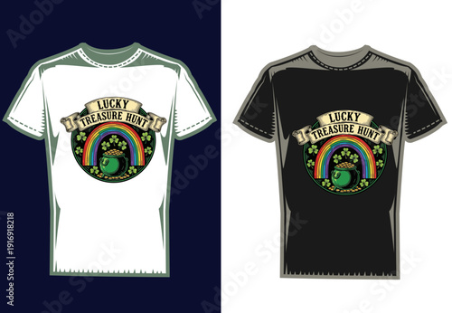 Lucky treasure hunt t shirt graphics featuring pot of gold and rainbow for st patrick's day