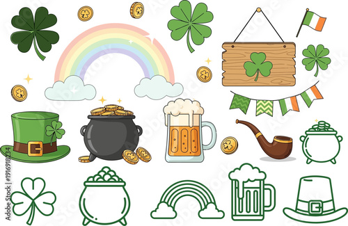 Irish luck symbols collection featuring rainbows beer mugs and shamrock outlines