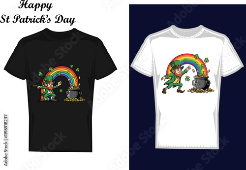 Saint patrick's day t shirt designs with leprechaun chasing pot of gold and rainbow