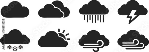 Collection of weather icons featuring clouds, rain, lightning, snow, and wind symbols
