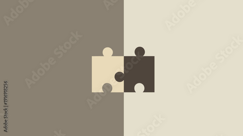 A geometric abstract composition depicting two connected puzzle pieces with a neutral color scheme