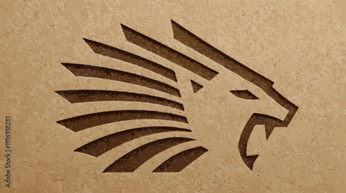 Stylized lion's head carved into textured background, with detailed lines and bold colors