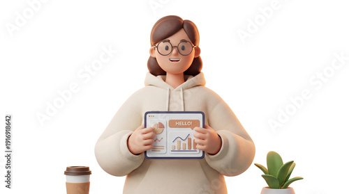 3D rendered cute business woman avatar character standing with tablet