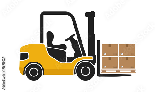 Forklift carrying cardboard boxes on wooden pallet