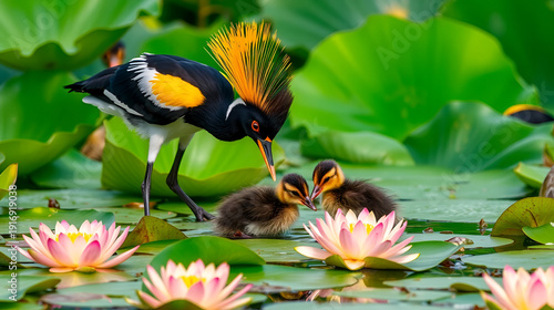 Pheasant tailed Jacana feeding with chicks feeding in water lily Flowers