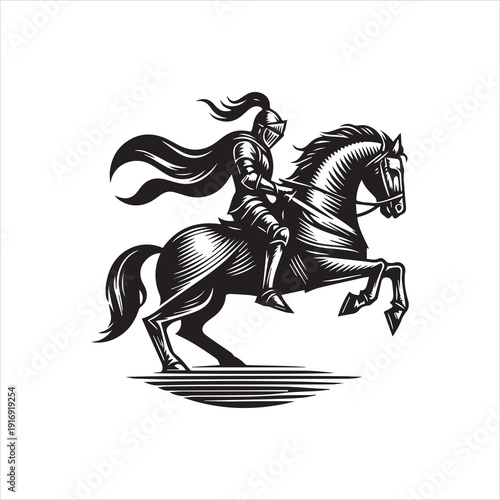 A black and white vector illustration of a knight riding a horse with a logo design style against a clean white background.