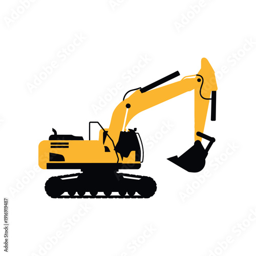 Yellow excavator machine illustration on white background with black details and tracks