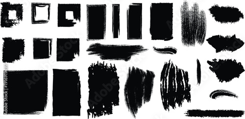 A collection of black brush strokes and shapes on a white background