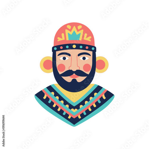 Colorful cartoon king illustration with ornate crown and beard