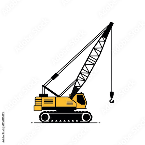 A yellow construction crane with a long boom and hook operates on a site.