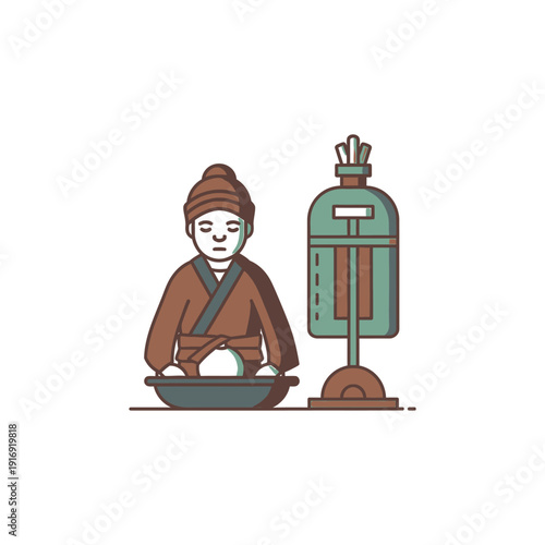 Serene monk meditating beside ancient tea infuser in peaceful setting illustration
