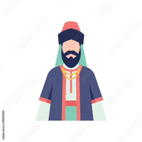 Illustration of a man wearing traditional clothing and headwear standing