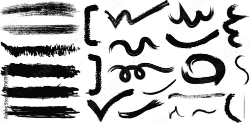 Collection of expressive black brush strokes and abstract shapes on white background