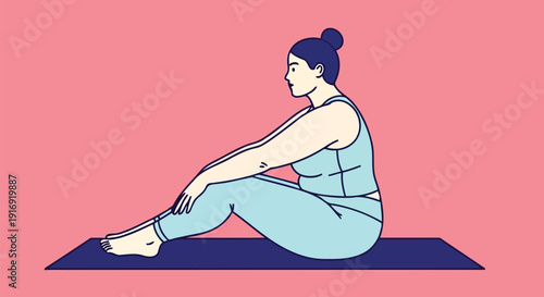 Side view of plus size woman doing seated forward bend yoga pose vector art