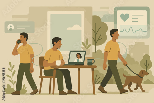 Telehealth Examination Illustration Showing Caring Doctor Patient Bond