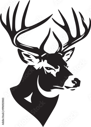 Detailed black and white illustration of a majestic deer s head and antlers