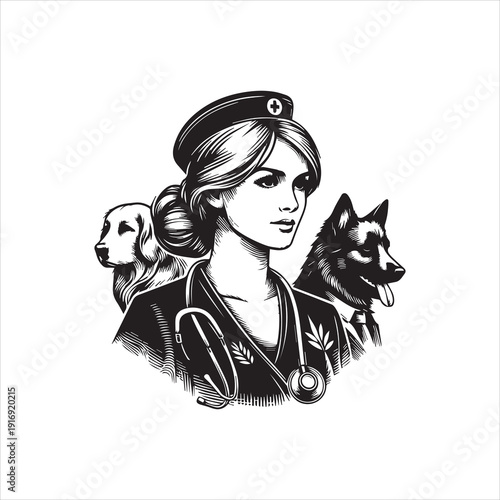 Black and white vector illustration of a female doctor with a stethoscope around her neck and two dogs, a German Shepherd and a Golden Retriever, behind her on a plain white background.