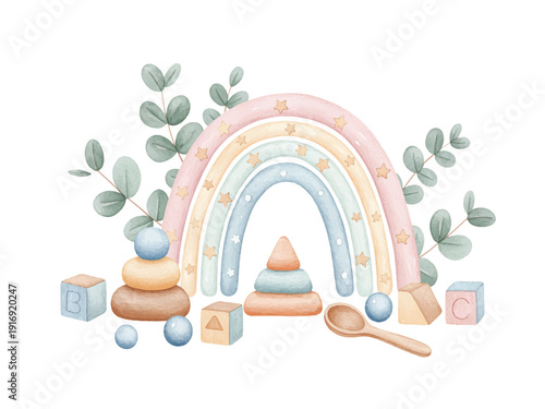Watercolor illustration of colorful rainbow with stars and leaves surrounded by toys and blocks  baby shower decoration