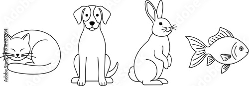 Black and white line art illustration of cat, dog, rabbit, fish, pet animals, domestication, cartoon style, educational design, animal care artwork
