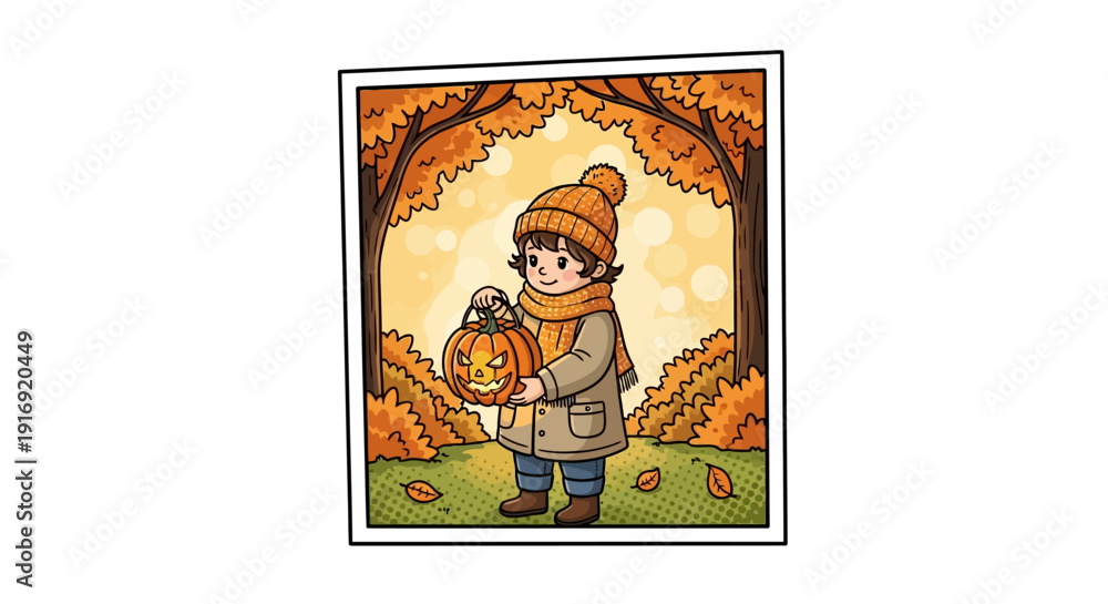 Obraz premium Cute child in autumn attire holding a carved pumpkin under fall trees