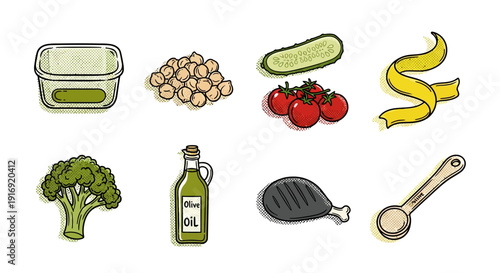 Colorful set of ingredients for cooking: vegetables, oils, and utensils in pop art style