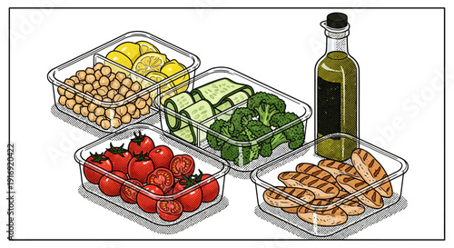 Isometric food storage with vegetables, chickpeas, bread, and olive oil in transparent containers
