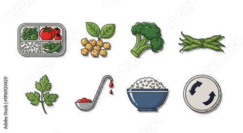 Colorful collection of food icons: vegetables and ingredients in pop art style
