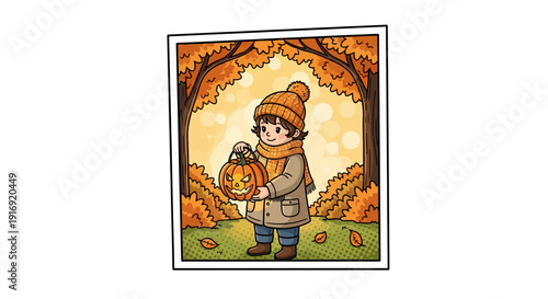 Cute child in autumn attire holding a carved pumpkin under fall trees