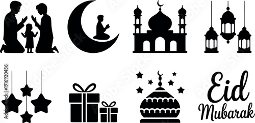 Islamic Eid celebration including family praying mosque lanterns gifts stars and crescent moon eid mubarak