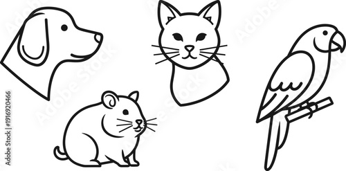 Black and white line art illustration of dog head, cat face, hamster, parrot on branch, pet animals, cartoon style, educational design elements