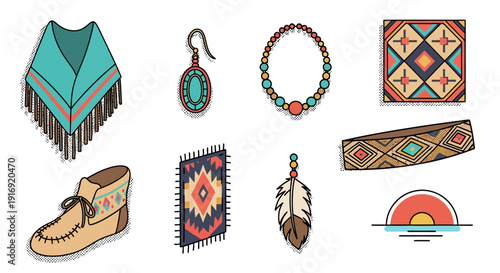 Colorful bohemian accessories with ethnic patterns featuring clothing, jewelry, and decor