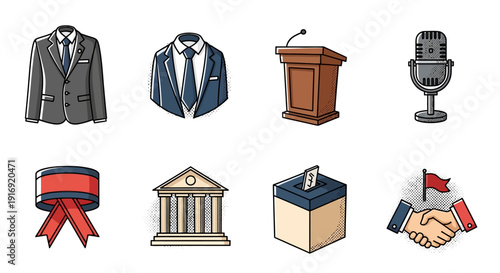 Stylized election and politics icon set featuring suits, podium, microphone, and voting elements