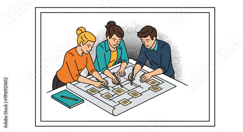 Collaborative team organizing ideas on a board in modern workspace