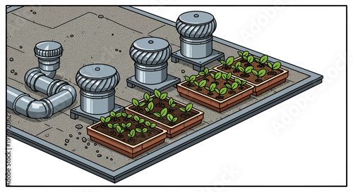 Urban rooftop garden with ventilation systems in isometric view