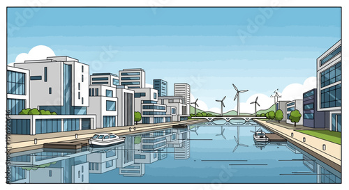 Modern waterfront city with wind turbines and solar architecture in a clean cartoon style