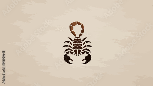 Stylized illustration featuring a scorpion in shades of brown against an aged, textured beige background