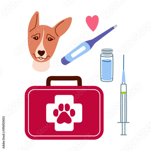 First aid kit for animals. Red case with cross sign, thermometer for animals, ampoule and syringe for vaccination. Doodle vector illustration for vet clinic branding, pet hospital, animal shelters