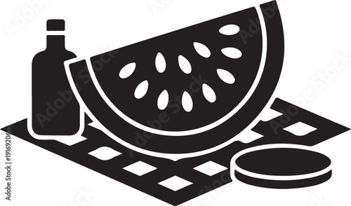 Summer picnic vector illustration with watermelon slice and beverage