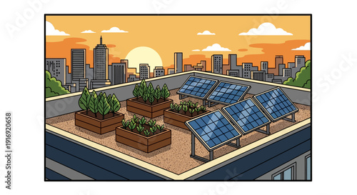 Urban rooftop garden with solar panels at sunset
