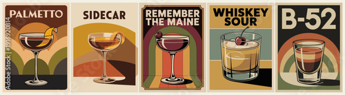 Set of five vintage-style cocktail posters including B-52, Palmetto, Sidecar, Remember the Maine, and Whiskey Sour. Bold colors, abstract backgrounds, retro illustrative style.