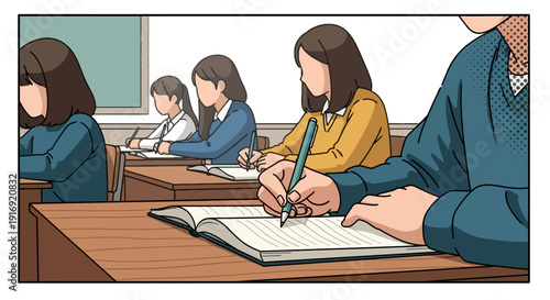 Classroom learning: students taking notes in a flat style illustration