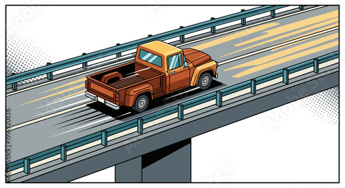 Vintage pickup truck on highway overpass in retro comic book style