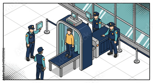 Airport security checkpoint scene with officers and passenger in isometric style