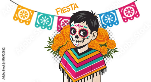 Festive dia de los muertos celebration with bright papel picado and face paint