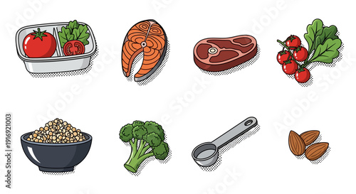 Assorted healthy food ingredients in vintage pop art style