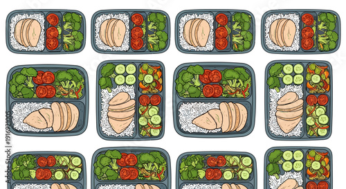 Seamless pattern of healthy meal prep with chicken and veggies in bento boxes