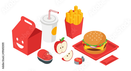 Isometric fast food meal with burger, fries, drink, and toy set on tray